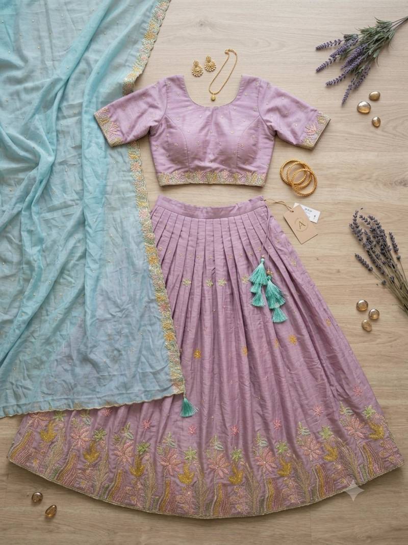 lavender silk blend embroidered wedding lehenga choli with free size upto 44
