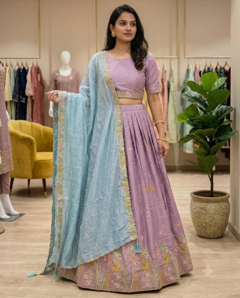 lavender silk blend embroidered wedding lehenga choli with free size upto 44