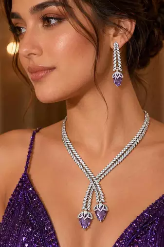 Amethyst Marquise CZ Lariat Necklace and Drop Earrings Bridal Jewelry Set