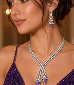 Amethyst Marquise CZ Lariat Necklace and Drop Earrings Bridal Jewelry Set