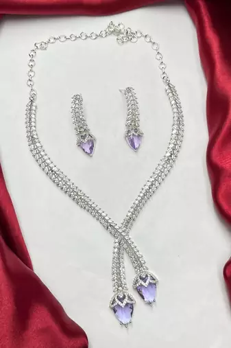 Amethyst Marquise CZ Lariat Necklace and Drop Earrings Bridal Jewelry Set
