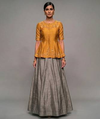 Mustard Yellow Dupion Silk Grey Lehenga Set 1