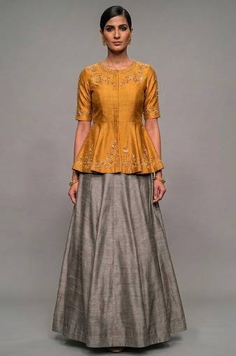 Mustard Yellow Dupion Silk Grey Lehenga Set