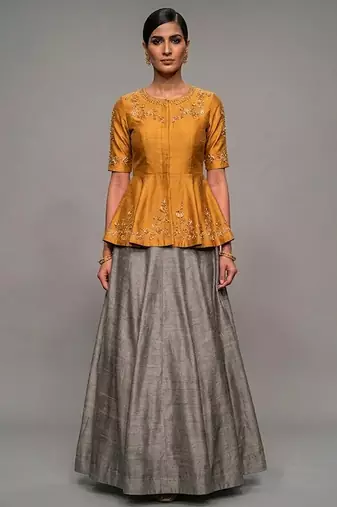 Mustard Yellow Dupion Silk Grey Lehenga Set
