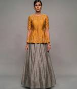 Mustard Yellow Dupion Silk Grey Lehenga Set