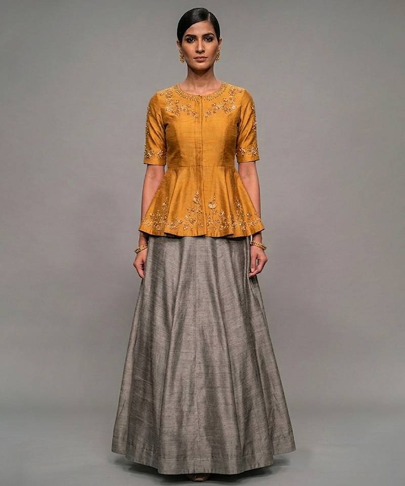 Mustard Yellow Dupion Silk Grey Lehenga Set