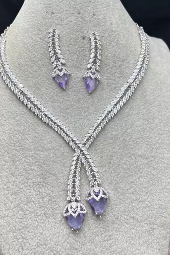 Amethyst Marquise CZ Lariat Necklace and Drop Earrings Bridal Jewelry Set