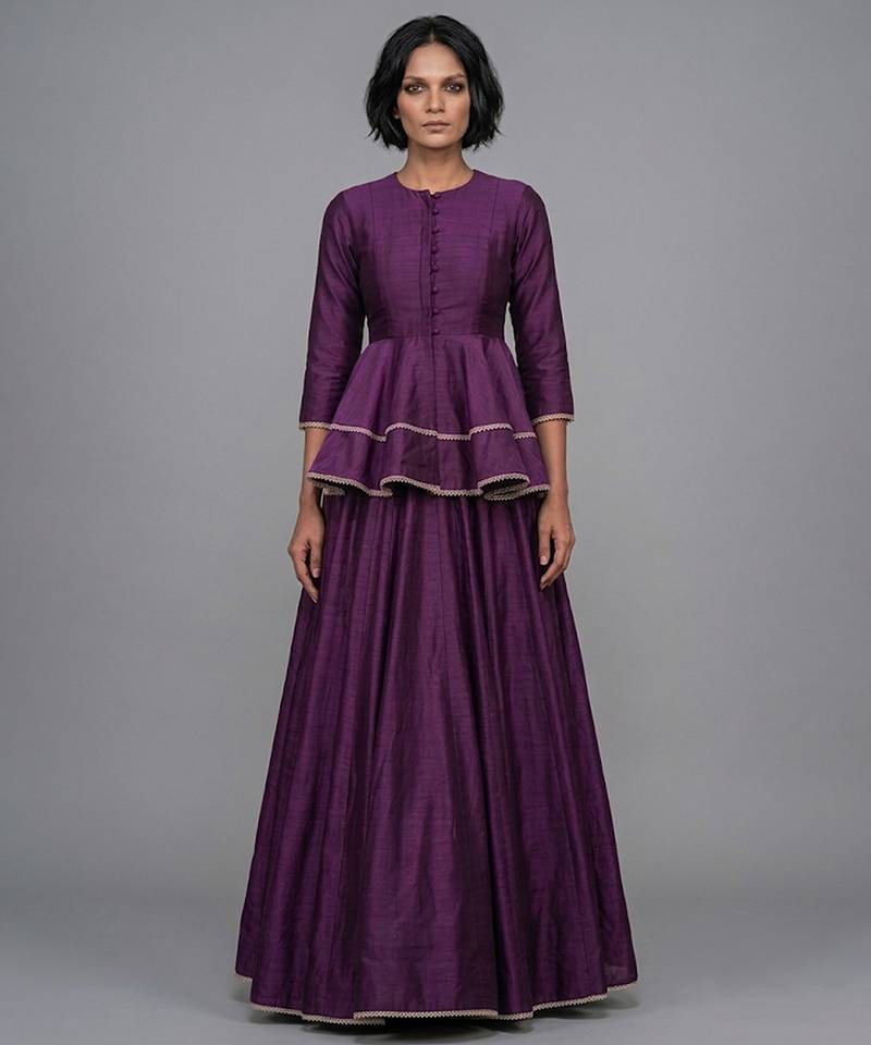 Purple Dupion Silk Peplum Top Lehenga Set