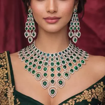 Emerald Green CZ Indian Bridal Jewelry Set: Choker Necklace, Earrings, Tikka 1