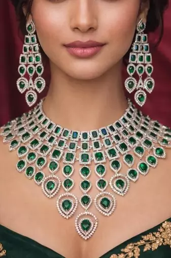 Emerald Green CZ Indian Bridal Jewelry Set: Choker Necklace, Earrings, Tikka