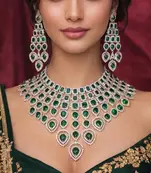 Emerald Green CZ Indian Bridal Jewelry Set: Choker Necklace, Earrings, Tikka