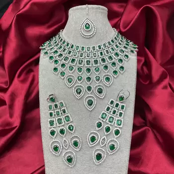 Emerald Green CZ Indian Bridal Jewelry Set: Choker Necklace, Earrings, Tikka 2