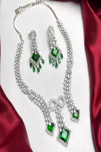 Emerald Green Cubic Zirconia Bridal Jewelry Set, Statement Necklace Earrings