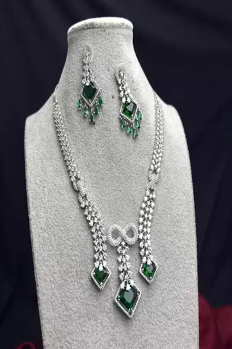 Emerald Green Cubic Zirconia Bridal Jewelry Set, Statement Necklace Earrings