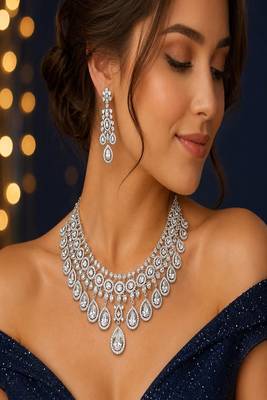 Cubic Zirconia Choker Necklace and Chandelier Earrings Set, Silver Bridal Jewelry 1