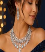 Cubic Zirconia Choker Necklace and Chandelier Earrings Set, Silver Bridal Jewelry