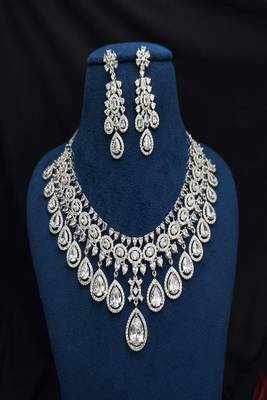 Cubic Zirconia Choker Necklace and Chandelier Earrings Set, Silver Bridal Jewelry 2