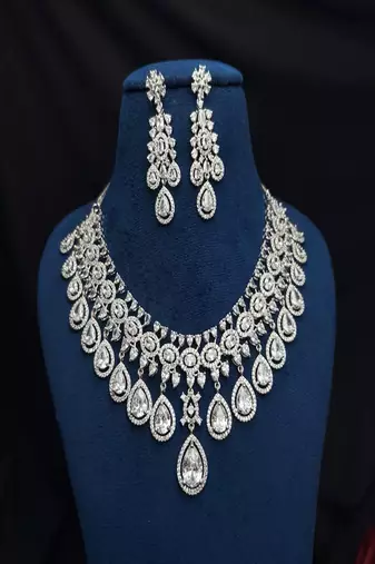 Cubic Zirconia Choker Necklace and Chandelier Earrings Set, Silver Bridal Jewelry