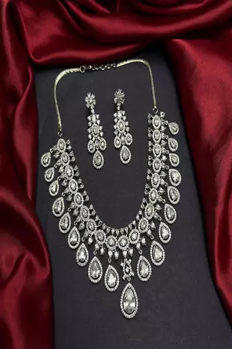 Cubic Zirconia Choker Necklace and Chandelier Earrings Set, Silver Bridal Jewelry