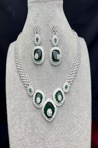 Emerald Green Cubic Zirconia Bridal Jewelry Set, Statement Necklace Earrings