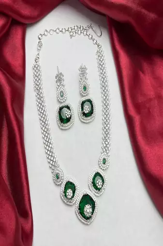 Emerald Green Cubic Zirconia Bridal Jewelry Set, Statement Necklace Earrings