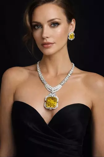 Yellow Crystal Statement Necklace Set | Silver Tone Bridal Jewelry
