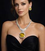 Yellow Crystal Statement Necklace Set | Silver Tone Bridal Jewelry
