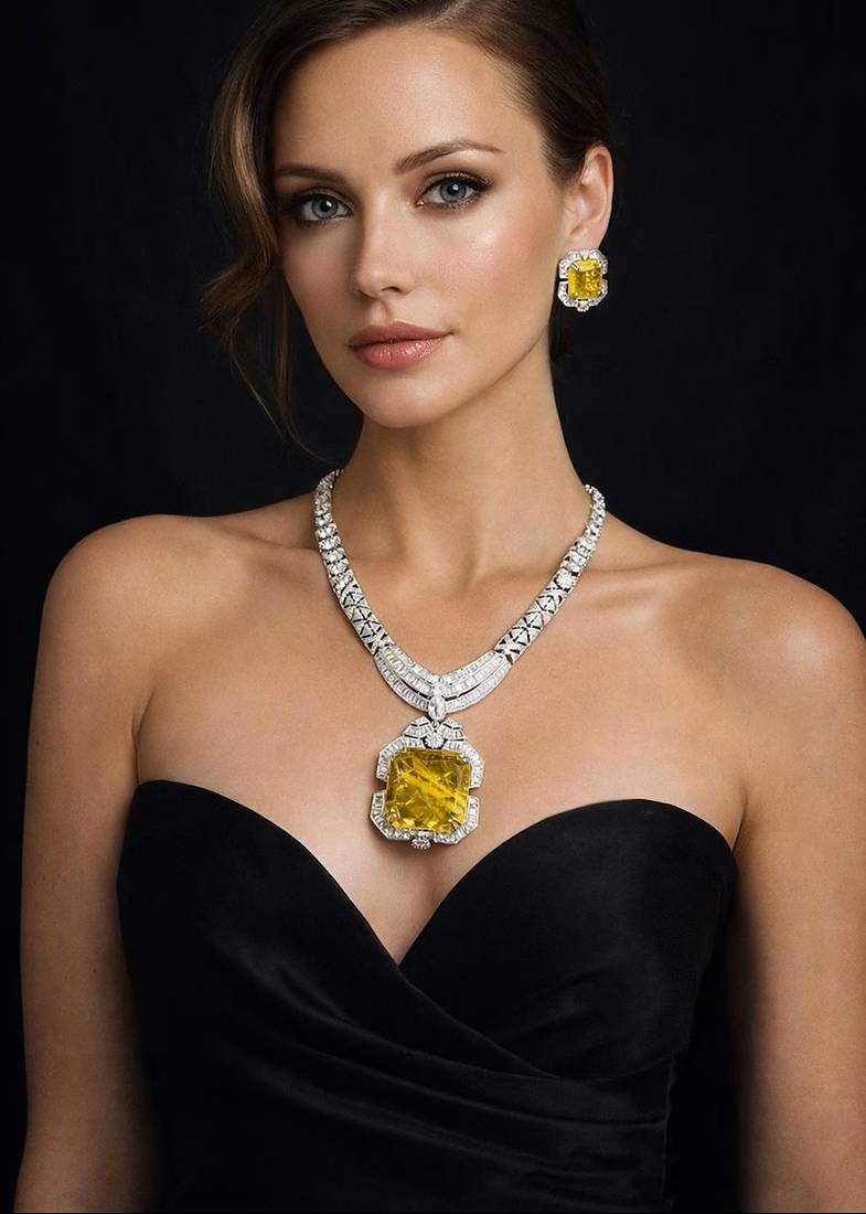 Yellow Crystal Statement Necklace Set | Silver Tone Bridal Jewelry