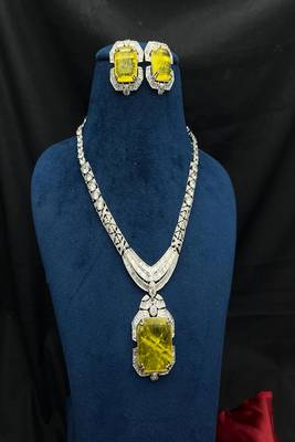 Yellow Crystal Statement Necklace Set | Silver Tone Bridal Jewelry 2