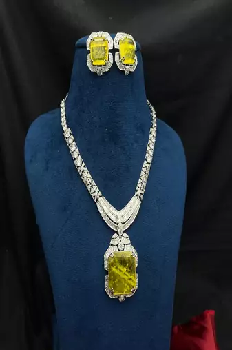 Yellow Crystal Statement Necklace Set | Silver Tone Bridal Jewelry