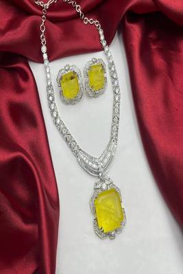 Yellow Crystal Statement Necklace Set | Silver Tone Bridal Jewelry 3
