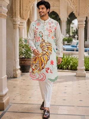 White men's cotton digital print kurta with crochet sequin work 1