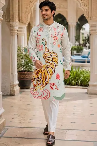 White men's cotton digital print kurta with crochet sequin work