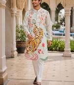 White men's cotton digital print kurta with crochet sequin work