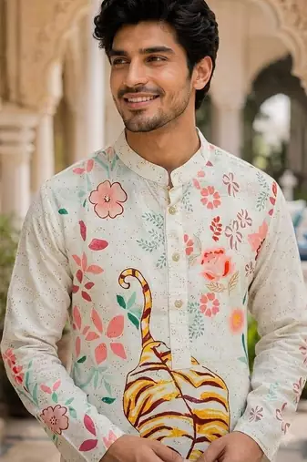 White men's cotton digital print kurta with crochet sequin work