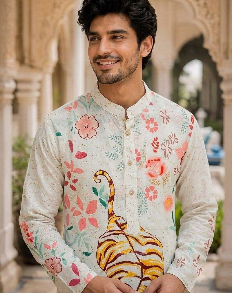 White men's cotton digital print kurta with crochet sequin work