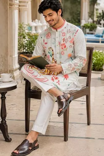 White men's cotton digital print kurta with crochet sequin work