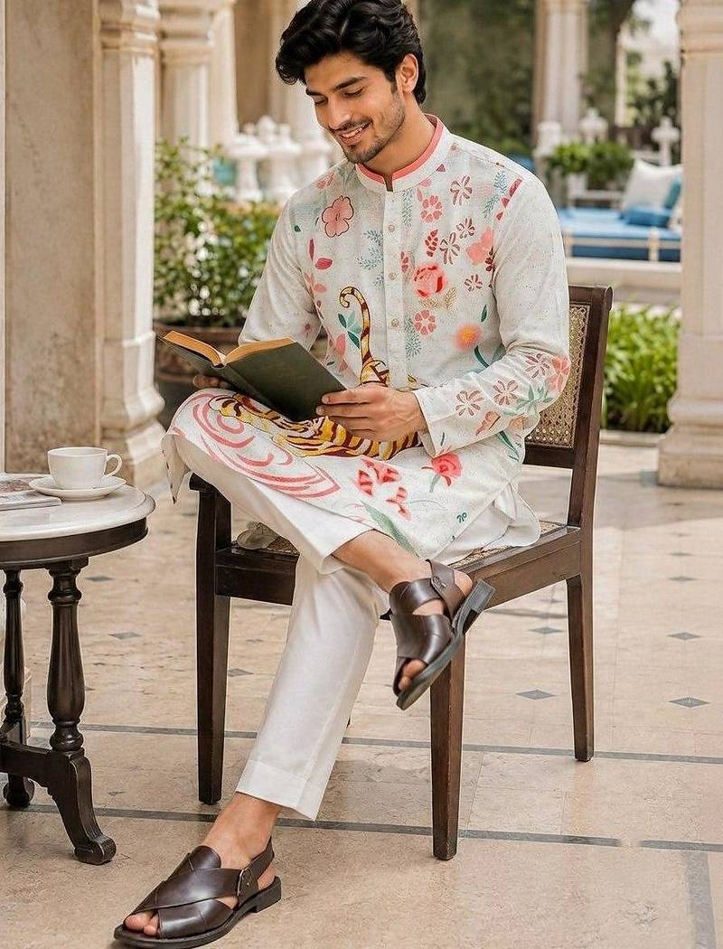 White men's cotton digital print kurta with crochet sequin work
