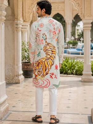 White men's cotton digital print kurta with crochet sequin work 4