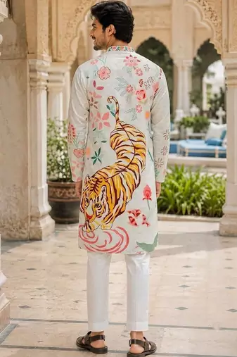 White men's cotton digital print kurta with crochet sequin work