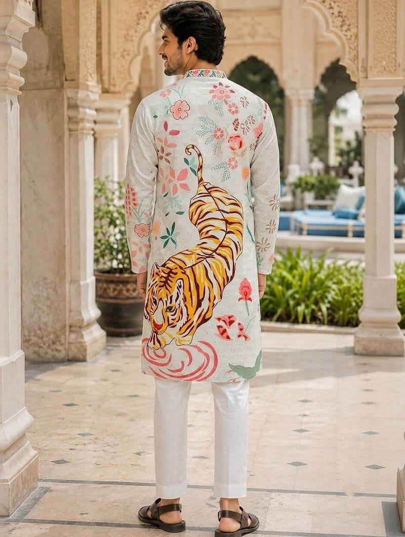 White men's cotton digital print kurta with crochet sequin work