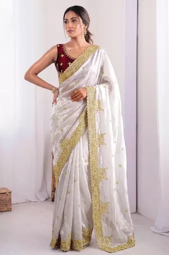 New Designer Fendy Satin Embroidered sequence Work Women's Saree With Blouse Set