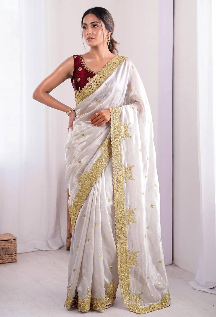 New Designer Fendy Satin Embroidered sequence Work Women's Saree With Blouse Set