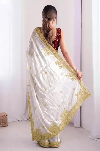 New Designer Fendy Satin Embroidered sequence Work Women's Saree With Blouse Set