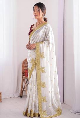 New Designer Fendy Satin Embroidered sequence Work Women's Saree With Blouse Set 3