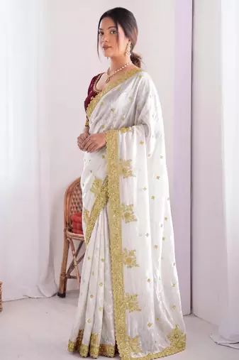 New Designer Fendy Satin Embroidered sequence Work Women's Saree With Blouse Set