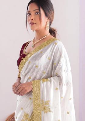 New Designer Fendy Satin Embroidered sequence Work Women's Saree With Blouse Set 4