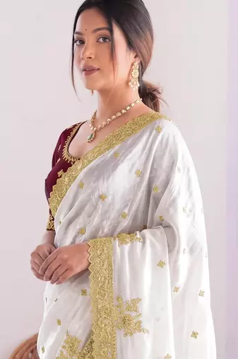 New Designer Fendy Satin Embroidered sequence Work Women's Saree With Blouse Set