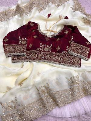 New Designer Fendy Satin Embroidered sequence Work Women's Saree With Blouse Set 6