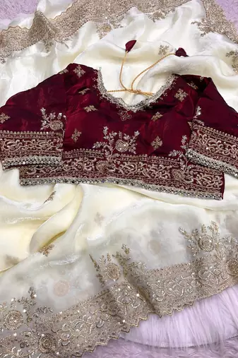 New Designer Fendy Satin Embroidered sequence Work Women's Saree With Blouse Set